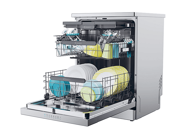 Lavavajillas - Candy Rapido' CF 5C7F1X, 15 servicios, 8 programas, Inicio Diferido, Motor Inverter, 60 cm, Conectividad Wi-Fi, Inox