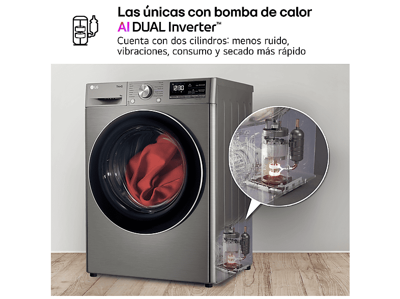 Secadora bomba de calor - LG RH90V9PV2N, Independiente, 9kg, 14 programas, Acero Inoxidable
