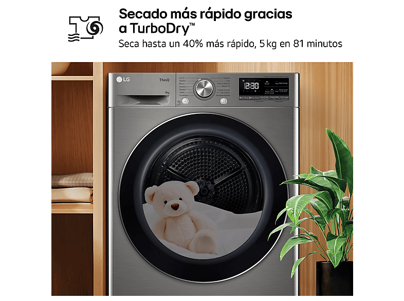 Secadora bomba de calor - LG RH90V9PV2N, Independiente, 9kg, 14 programas, Acero Inoxidable
