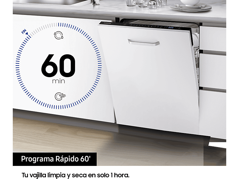 Lavavajillas integrable - Samsung DW60M6040BB/EO, 13 servicios, 6 programas, 59.5 cm, Función Higiene, Configuración Flexible, Sin Panelar