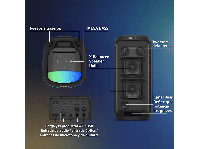 Altavoz de gran potencia - Sony SRS-XV800B, Con batería, Autonomía 25h, Inalámbrico, Sonido 360°, MEGA BASS, Portátil, Bluetooth y Karaoke