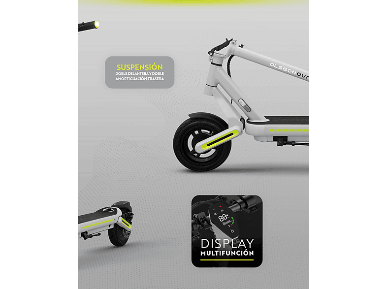 Patinete electrico - Olsson QUANTUM GREY, Pot. máx. 580 W, Carga máx. 120 kg, 38 km autonomía, 10000 mAh, Gris