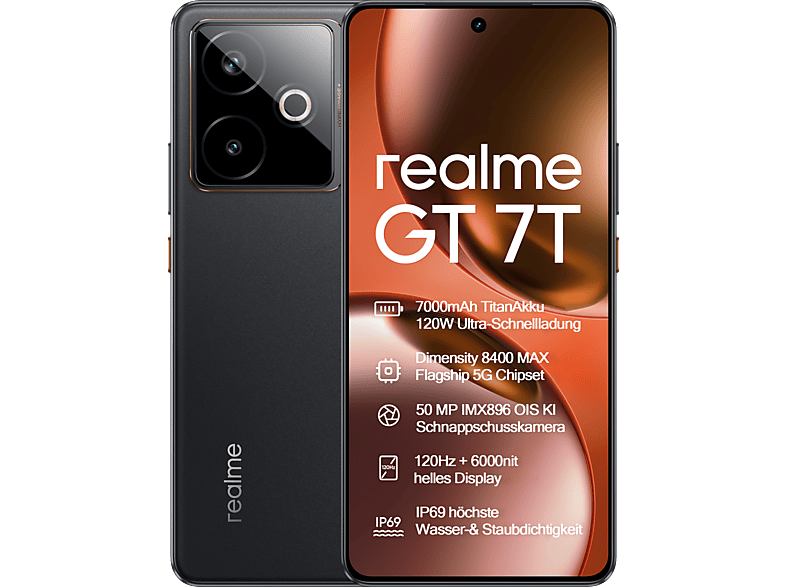 Smartphone - Realme GT7T 6.8P/5G/8N/12+256GB/B, Negro, Móvil Sistema operativo propietario, 12 GB RAM, 6,78 " LTPS 2.5D, Dimensity 8400MAX, 7000 mAh