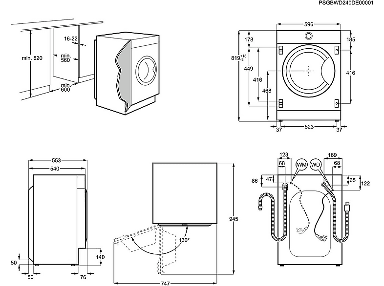 Lavadora integrable - AEG LFN7G8434F, 8 kg, 1400 rpm, Tecnología ProSense, Función Vapor, Sin panelar