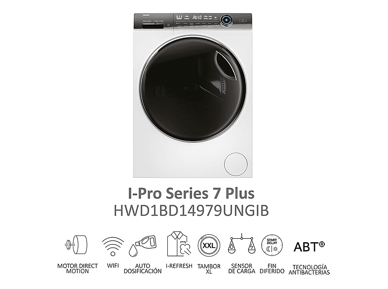 Lavadora secadora - Haier I-Pro Series 7 Plus HWD1BD14979UNGIB, 10kg+6kg, 1400 rpm, Motor Direct Motion, 14 programas, Wi-Fi, Autodosificación, Blanco