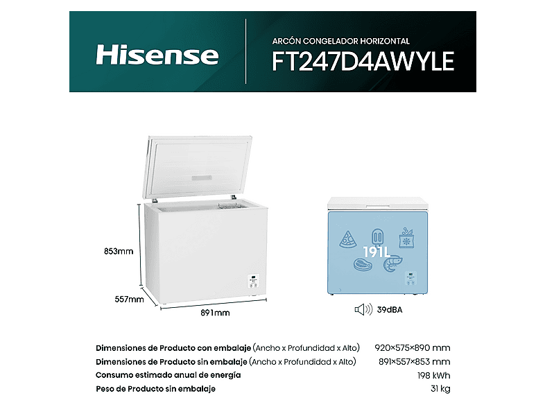 Congelador horizontal - Hisense FT247D4AWYLE, 191 l, 85.3 cm, Congelación rápida, Blanco