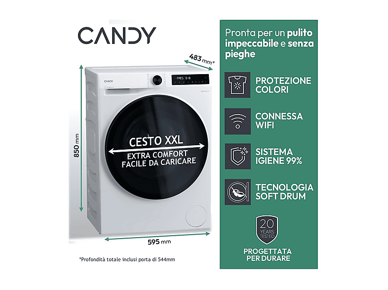 Lavadora secadora - Candy BWR 495BL8-S, 9 kg + 5 kg, Blanco