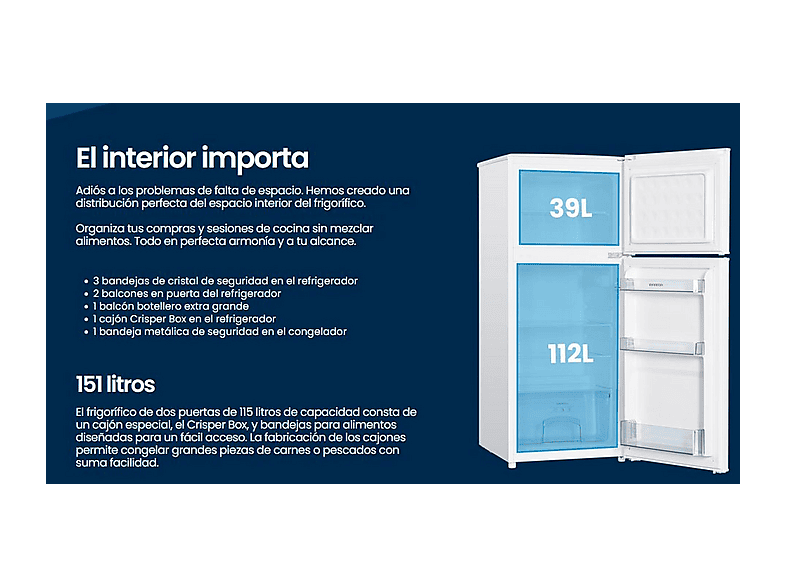 Frigorifico dos puertas - Infiniton FG-151D12BEV, Ciclico, Altura 122 cm, Capacidad 151 l, Blanco