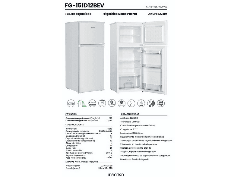 Frigorifico dos puertas - Infiniton FG-151D12BEV, Ciclico, Altura 122 cm, Capacidad 151 l, Blanco