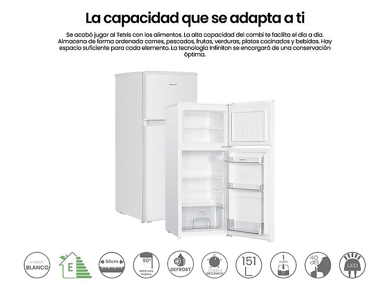 Frigorifico dos puertas - Infiniton FG-151D12BEV, Ciclico, Altura 122 cm, Capacidad 151 l, Blanco