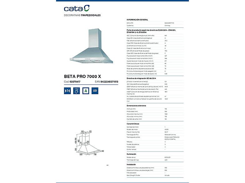 Campana decorativa - Cata BETA PRO 7000 X, 3 velocidades, 1027 m³/h, 70 cm, Gris