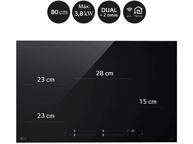 Placa inducción - LG CBIZ3035B, 4 zonas, 2 zonas Flex, 80 cm, Cristal negro