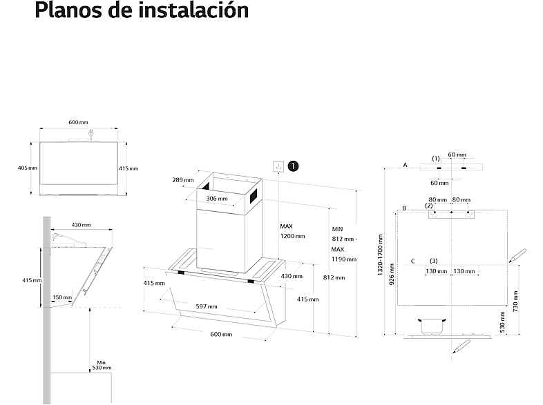 Campana decorativa - LG HCEZ2428B, 3 velocidades, 630 m³/h, 60 cm, Acero inoxidable y Cristal negro