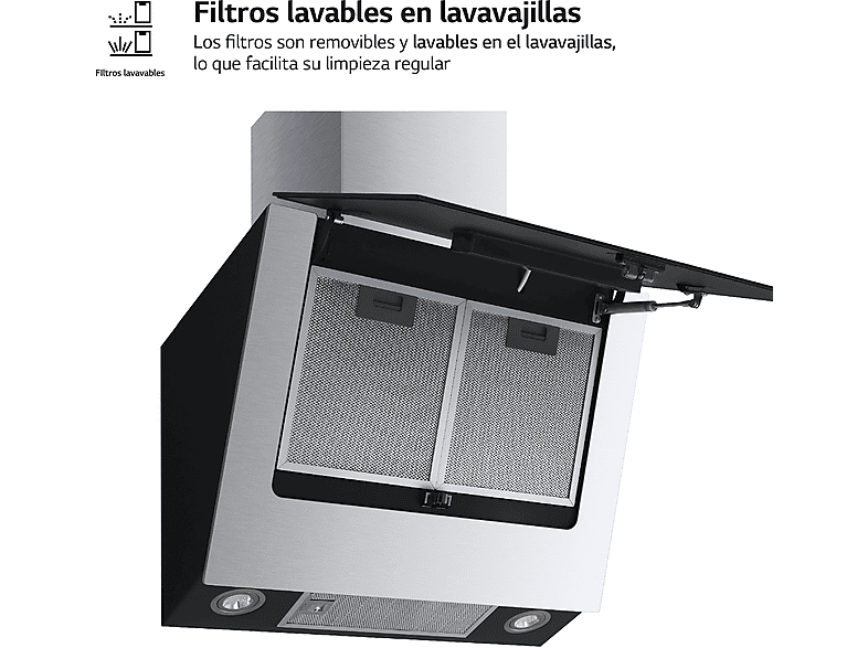 Campana decorativa - LG HCEZ2428B, 3 velocidades, 630 m³/h, 60 cm, Acero inoxidable y Cristal negro