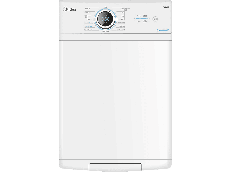 Lavadora carga superior - Midea MF100T80B/W-ES, 8 kg, 1300 rpm, 15 programas, Display, Blanco