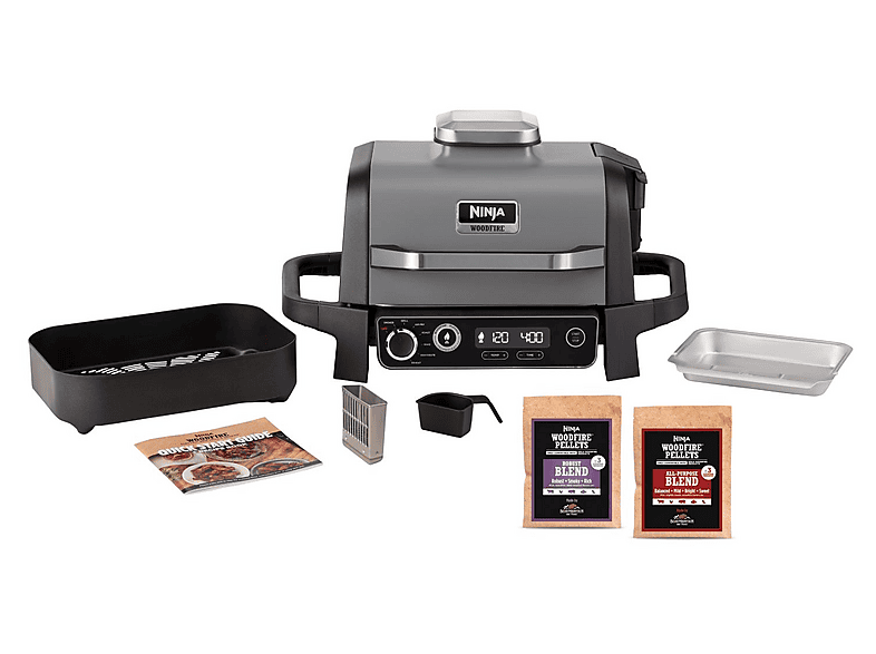 Grill - Ninja Woodfire OG701EU, 2400 W, Para exteriores, 7 funciones de cocción, Barbacoa eléctrica, Negro