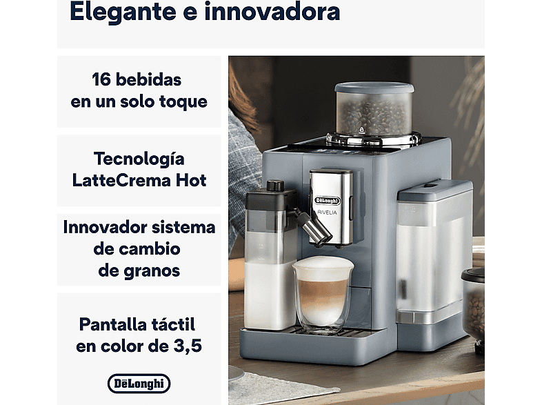 Cafetera superautomática - De Longhi, De'Longhi Rivelia EXAM440.55.G, 1450W, 19 bar, Molinillo integrado, LatteCremaHot, Depósito leche, Táctil, Gris