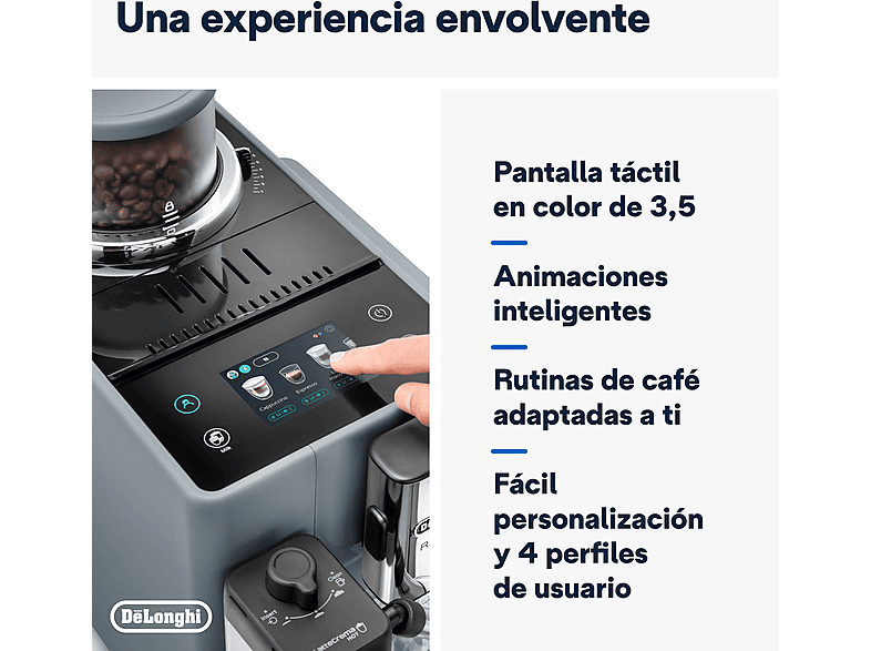 Cafetera superautomática - De Longhi, De'Longhi Rivelia EXAM440.55.G, 1450W, 19 bar, Molinillo integrado, LatteCremaHot, Depósito leche, Táctil, Gris