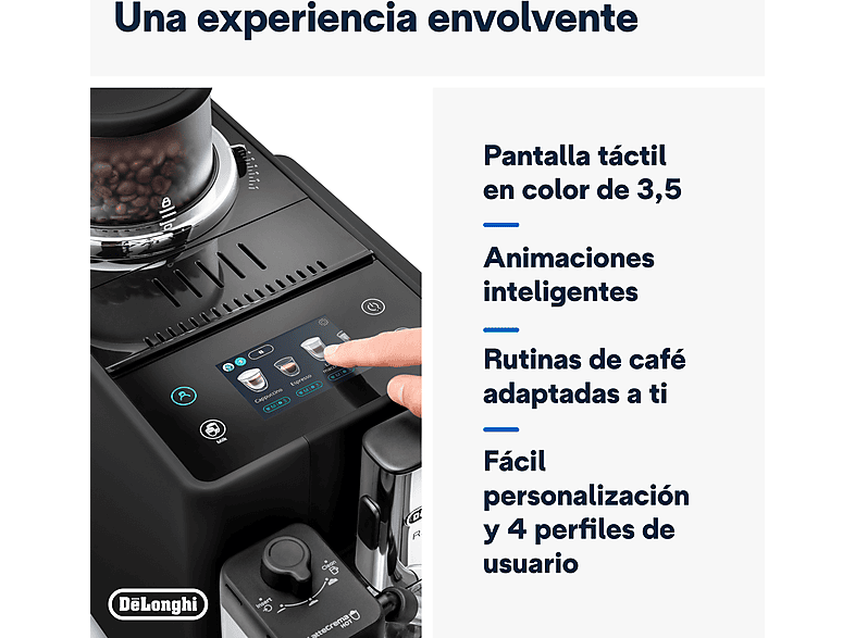 Cafetera superautomática - De Longhi, De'Longhi Rivelia EXAM440.55.B, 1450W, 19bar, Molinillo integrado, LatteCremaHot, Depósito leche, Táctil, Negro