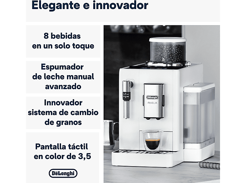Cafetera superautomática - De Longhi, De'Longhi Rivelia EXAM440.35.W, 1450 W, 19 bar, Molinillo integrado, Espumador leche, Táctil, 4 perfiles, Blanco