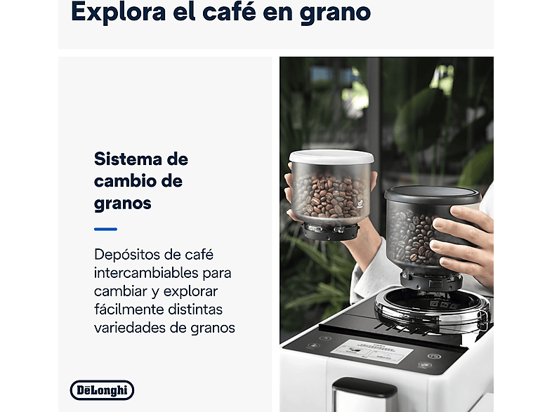 Cafetera superautomática - De Longhi, De'Longhi Rivelia EXAM440.35.W, 1450 W, 19 bar, Molinillo integrado, Espumador leche, Táctil, 4 perfiles, Blanco