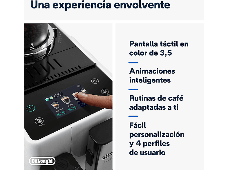Cafetera superautomática - De Longhi, De'Longhi Rivelia EXAM440.35.W, 1450 W, 19 bar, Molinillo integrado, Espumador leche, Táctil, 4 perfiles, Blanco