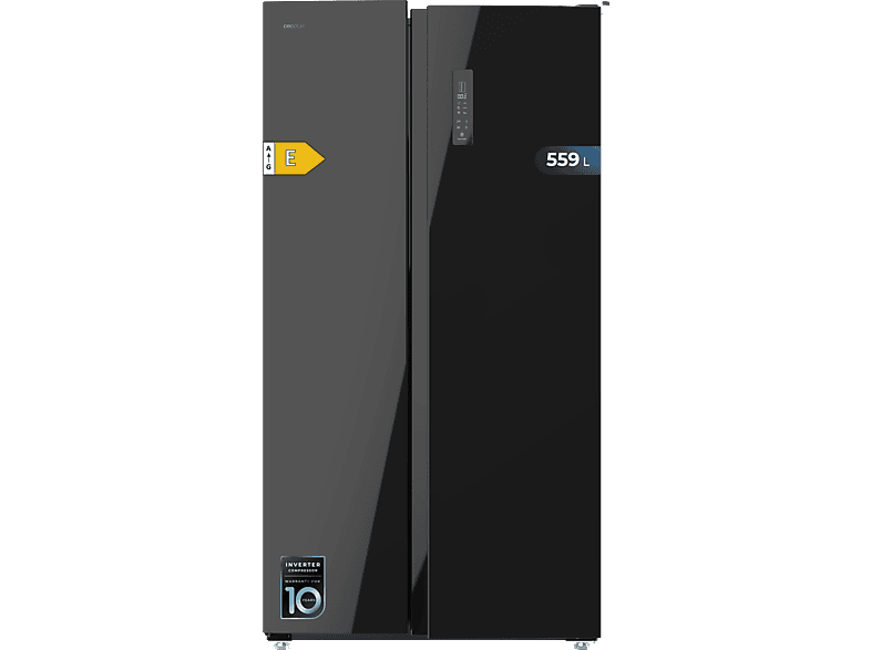 Frigorífico americano - Cecotec Bolero CoolMarket SBS 550 Glass E, No Frost, 177 cm, 550 l, Inverter Plus, Puertas de cristal