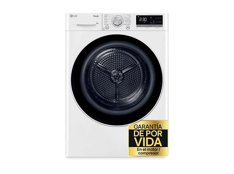 Secadora bomba de calor - LG RH80V9AV4N, 8 kg, 14 programas, Dual Inverter Compressor™, Eco Hybrid™, Display Gran LED, Blanco