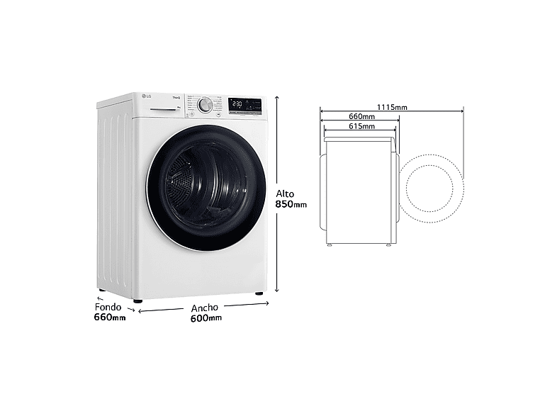 Secadora bomba de calor - LG RH80V9AV4N, 8 kg, 14 programas, Dual Inverter Compressor™, Eco Hybrid™, Display Gran LED, Blanco