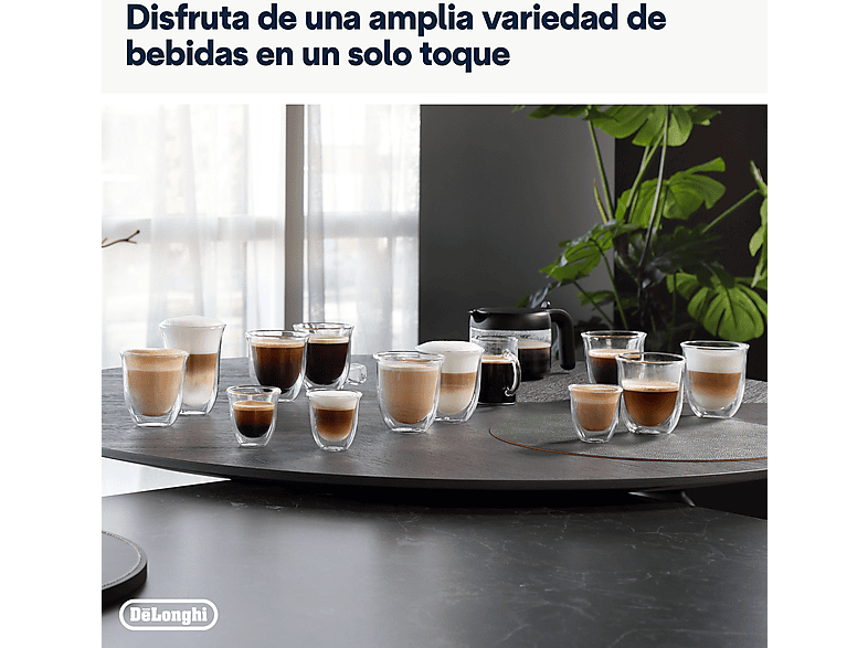 Cafetera superautomática - De Longhi, De'Longhi Dinamica Plus ECAM380.85.SB, 1450W, 15 bar, Molinillo Integrado, Espumador de leche, Táctil, 2 tazas