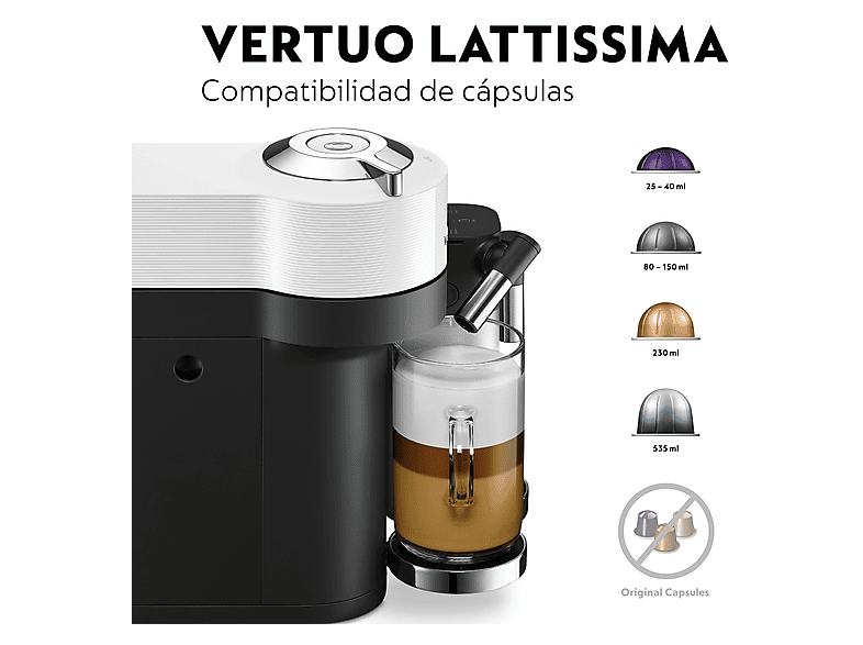 Cafetera de cápsulas - De Longhi, De'Longhi Nespresso® Vertuo Lattissima ENV300.W, 1500 W, 1.6 l, Depósito de leche, Calentamiento 30s, Blanco
