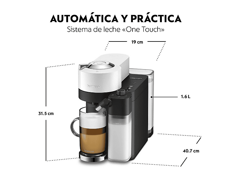 Cafetera de cápsulas - De Longhi, De'Longhi Nespresso® Vertuo Lattissima ENV300.W, 1500 W, 1.6 l, Depósito de leche, Calentamiento 30s, Blanco