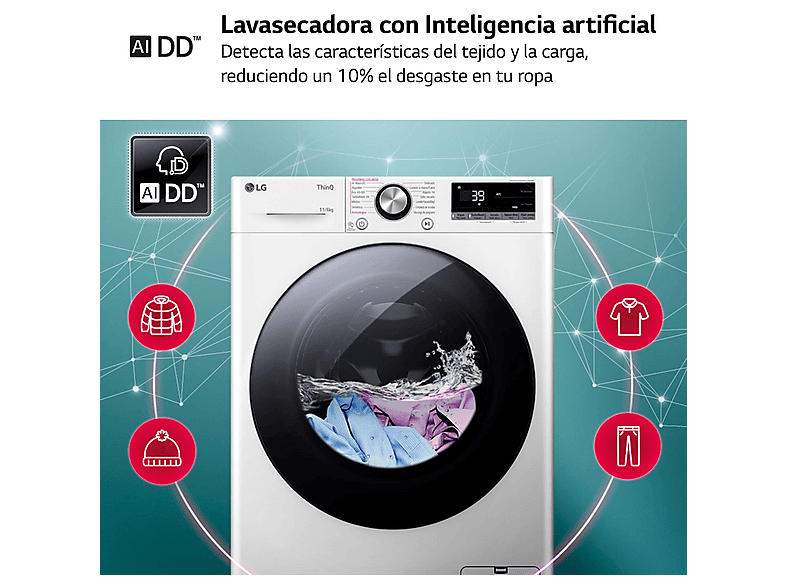 Lavadora secadora - LG F4DR7011AGW, 11 kg/6 kg, 1400 rpm, 14 programas, AI Direct Drive™, TurboWash™360, Blanco