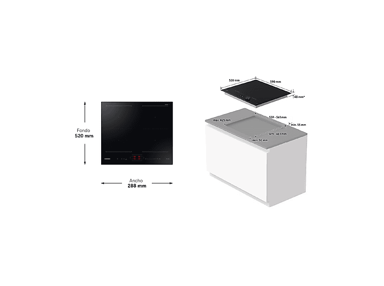 Placa inducción - Samsung NZ64B5066FK/U1, 4 zonas, 21cm x 38 cm, Zona Dual Flex, 59cm, Negro
