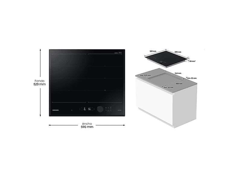 Placa inducción - Samsung NZ64B7799KK/U1, 4 zonas, 26 cm, Dual Flex, 59 cm, WiFi, Negro