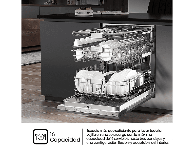 Lavavajillas integrable - Hisense HV673C61, 16 servicios, 7 programas, 59.8 cm, WiFi, Tercera Bandeja, Sin Panelar