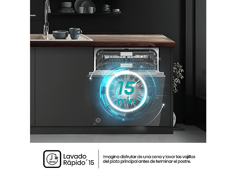 Lavavajillas integrable - Hisense HV673C61, 16 servicios, 7 programas, 59.8 cm, WiFi, Tercera Bandeja, Sin Panelar