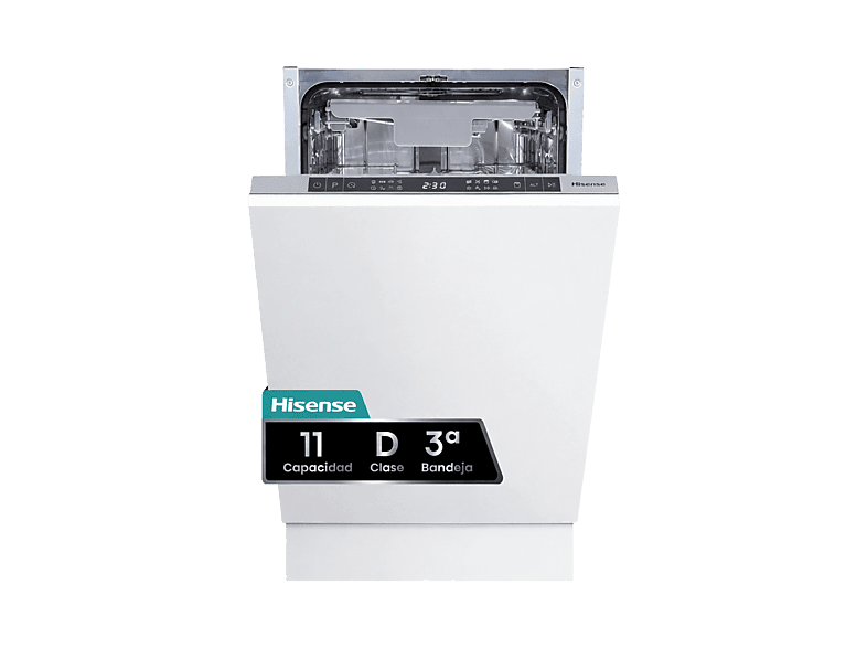 Lavavajillas integrable - Hisense HV543D10, 11 servicios, 7 programas, 44.8 cm, Tercera bandeja, Inverter, Sin Panelar