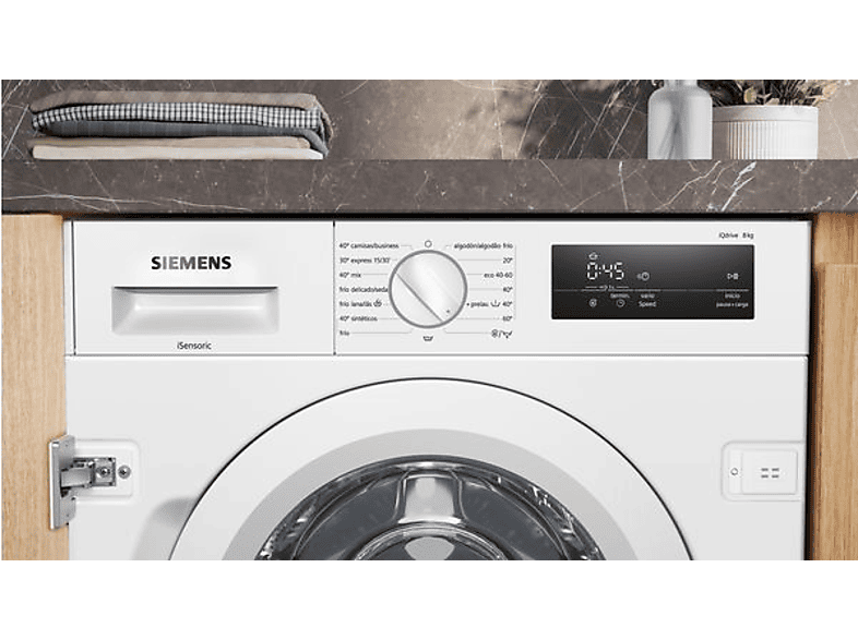 Lavadora integrable - Siemens WI12W327ES, Serie IQ500, 8 kg, 1200 rpm, 8 programas, WaterPerfect Plus, VarioSpeed, Blanco