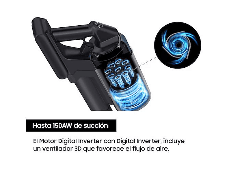 Aspirador escoba - Samsung VS15A60AGR5/WA Jet 65 Pet, 150 WA, Digital Inverter, 40 min, Sin cable, Silver