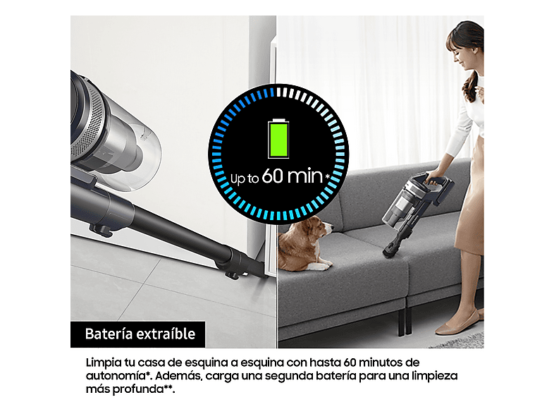 Aspirador escoba - Samsung VS15A60AGR5/WA Jet 65 Pet, 150 WA, Digital Inverter, 40 min, Sin cable, Silver