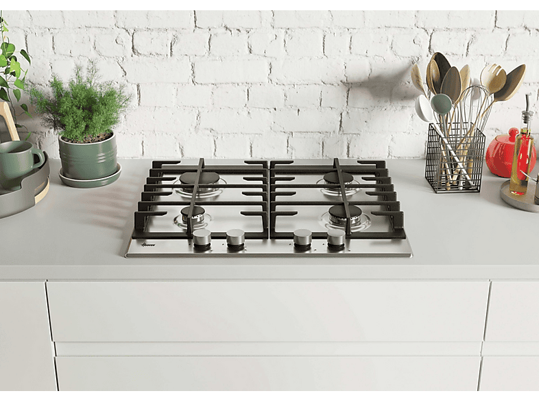 Placa de gas - Hoover H-HOB 300 GAS HHG6BRMX, 4 zone(s) zonas, NG + LPG (Butane), 595 cm, Acero inoxidable
