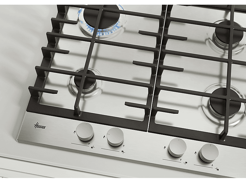 Placa de gas - Hoover H-HOB 300 GAS HHG6BRMX, 4 zone(s) zonas, NG + LPG (Butane), 595 cm, Acero inoxidable