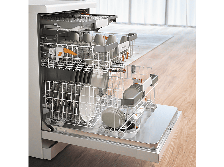 Lavavajillas - Miele G7600SCBRWS, 14 cubiertos, 9 programas, 60 cm, Bandeja de servicios, Wifi, Dosificación automática, Blanco