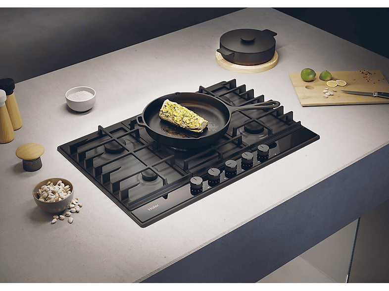 Placa de gas - Haier Series 6 HAHG7W5TEB, 5 zone(s) zonas, NG + LPG (Butane), 745 mm, Negro