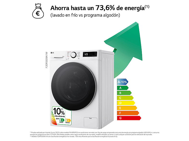 Lavadora secadora - LG F2DR5S09A1W, 9 kg+5 kg, 1200 rpm, 12 programas, Blanco