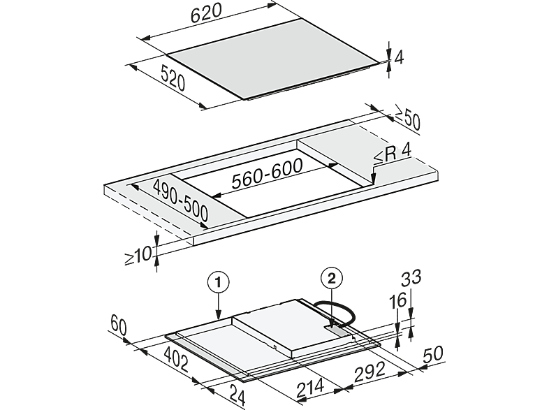 Placa inducción - Miele KM 7360 FL, 3 zonas, Zona grande 14-28 cm, 62 cm, ComfortSelect, Negro