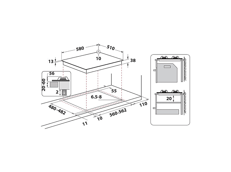 Placa de gas - Indesit THP 642 W/IX/I 1, 4 zone(s) zonas, 58 cm, Acero inoxidable