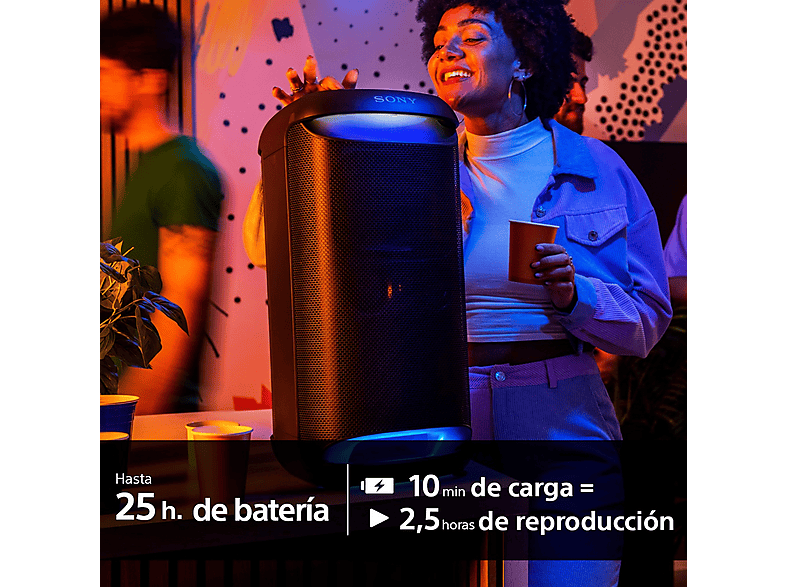 Altavoz de gran potencia - Sony SRS-XV500B, Con batería, Autonomía 25h, Inalámbrico para fiestas, MEGA BASS, Portátil, Bluetooth, Karaoke y Guitarra
