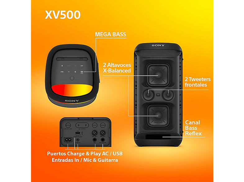Altavoz de gran potencia - Sony SRS-XV500B, Con batería, Autonomía 25h, Inalámbrico para fiestas, MEGA BASS, Portátil, Bluetooth, Karaoke y Guitarra
